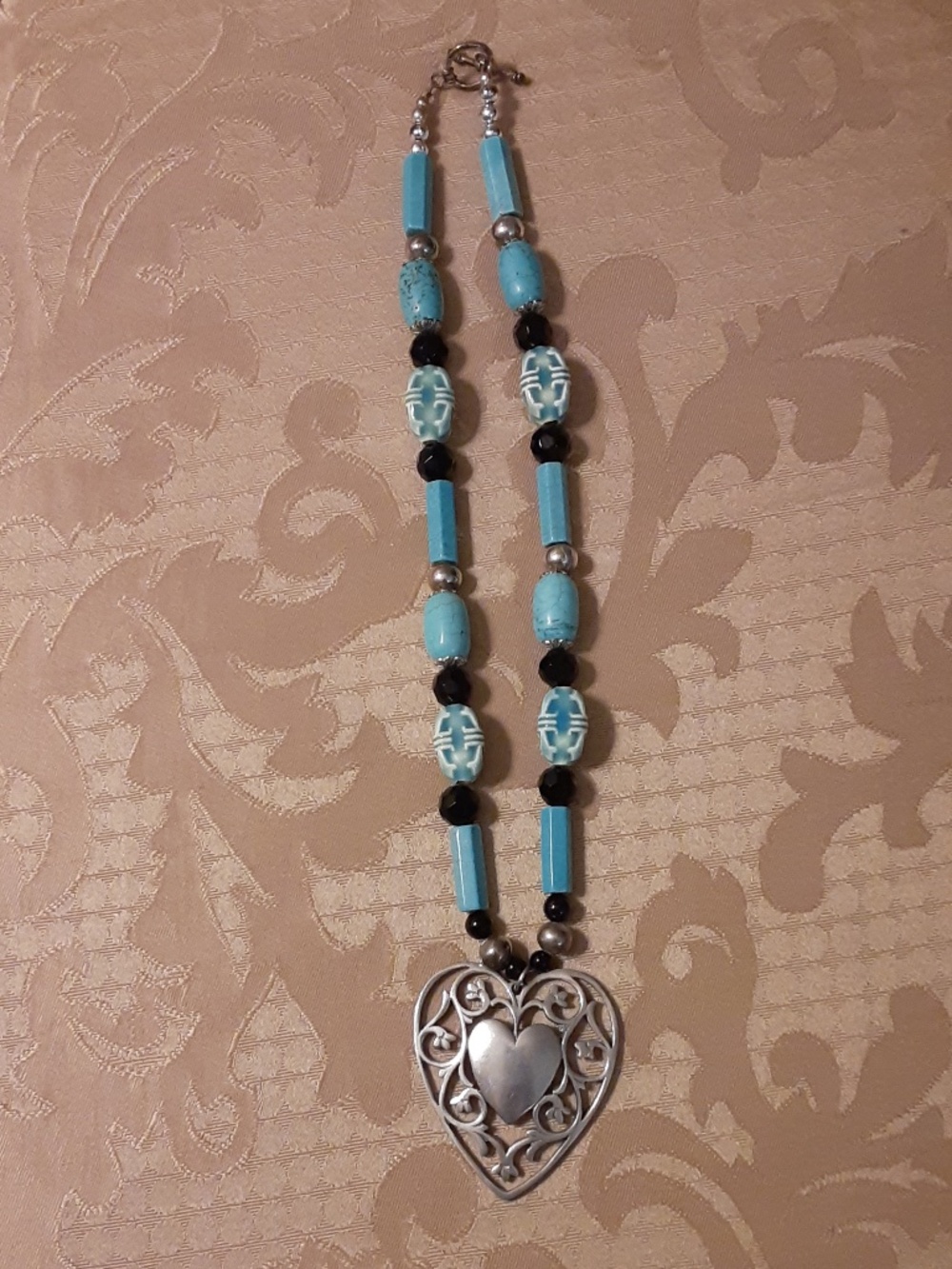 Reed & Barton Pewter Pendant & Native American Beaded Vintage Necklace